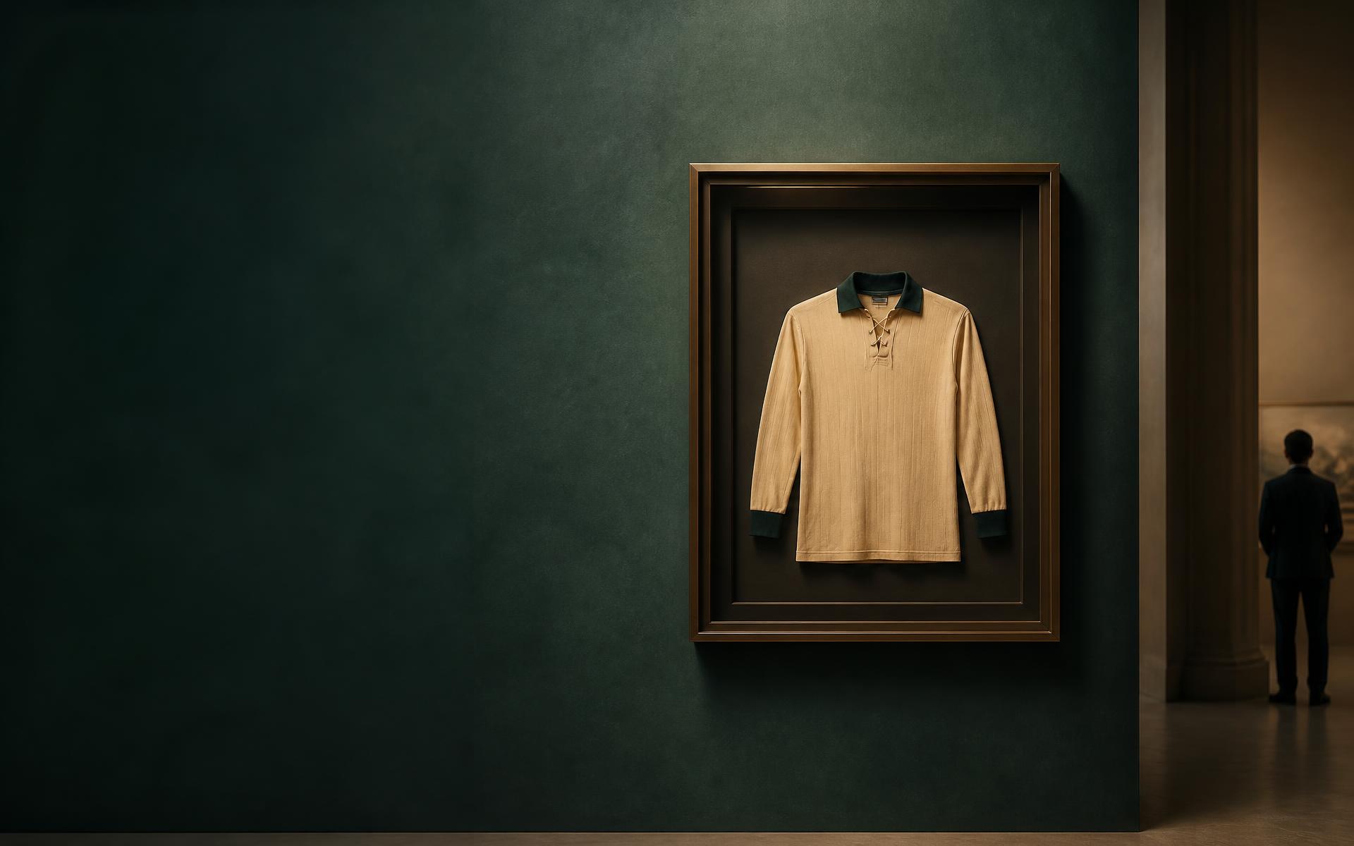 Camisa histórica emoldurada como obra em uma parede mineral petróleo, dentro da arquitetura contemporânea da Mintmark